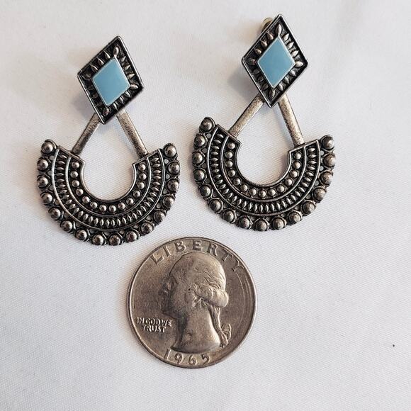 Silver Tone Blue Stone Bohemian Boho Aztec Sunflower Drop Dangle Post Earrings - Picture 3 of 4